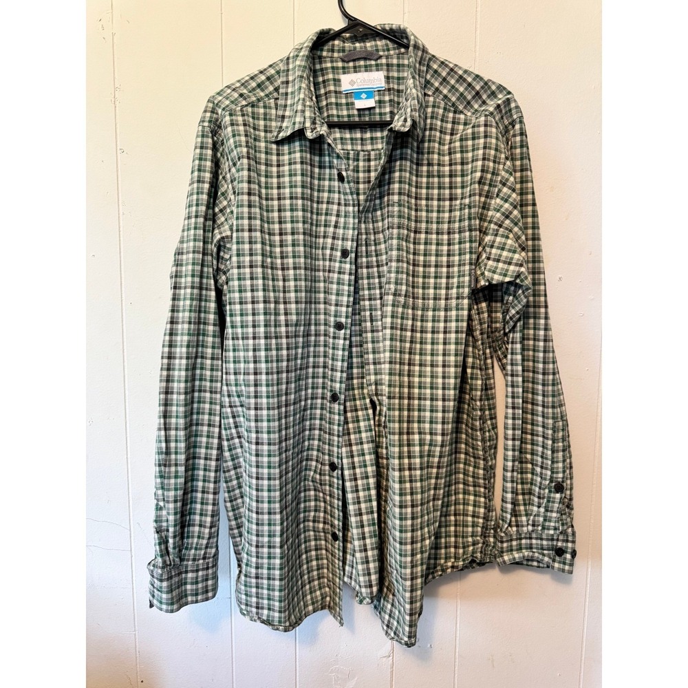 Columbia Mens Green Plaid Gingham Long Sleeve Button Down‎ Shirt AM7968 Large